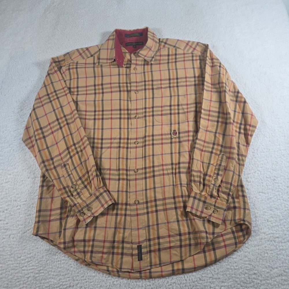 Vtg Tommy Hilfiger Brown Plaid Button Up Long Sleeve Pocket Shirt Men's Medium